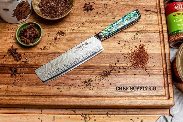 CHEF SUPPLY CO Kitchen Knives Sea Creature Series 18 cm - 7 inch Nakiri Vegetable Knife. 45 Layer AUS-10 Damascus, Resin Handle & Sheath