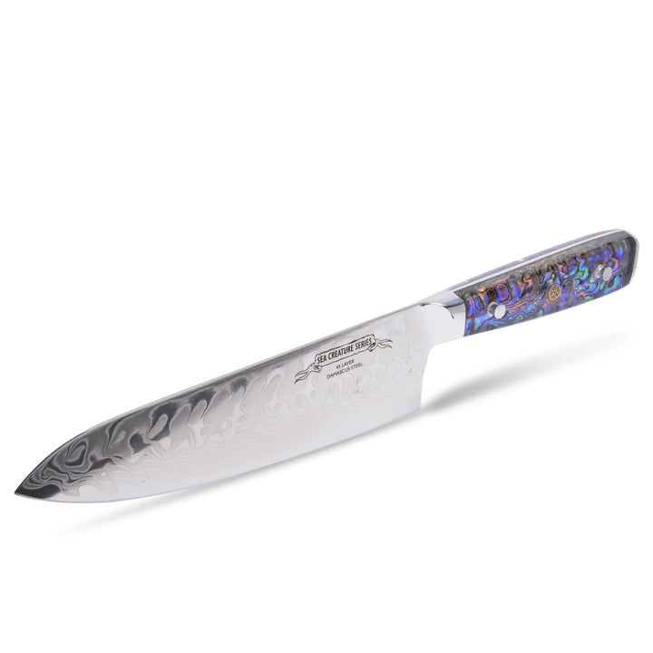 CHEF SUPPLY CO Kitchen Knives Sea Creature Series. 8.25" - 21 cm, 45 Layer AUS-10 Damascus Chef Knife, Resin Handle & White Leather Sheath