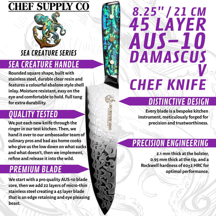 CHEF SUPPLY CO Kitchen Knives Sea Creature Series. 8.25" - 21 cm, 45 Layer AUS-10 Damascus Chef Knife, Resin Handle & White Leather Sheath