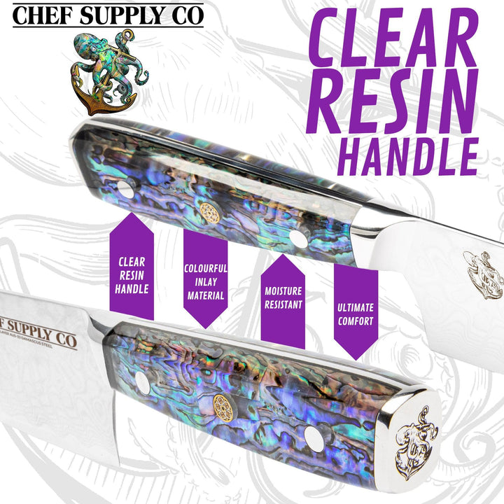 CHEF SUPPLY CO Kitchen Knives Sea Creature Series. 8.25" - 21 cm, 45 Layer AUS-10 Damascus Chef Knife, Resin Handle & White Leather Sheath