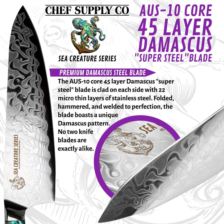 CHEF SUPPLY CO Kitchen Knives Sea Creature Series. 8.25" - 21 cm, 45 Layer AUS-10 Damascus Chef Knife, Resin Handle & White Leather Sheath