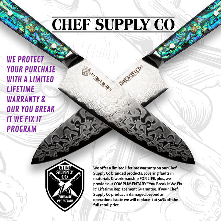 CHEF SUPPLY CO Kitchen Knives Sea Creature Series. 8.25" - 21 cm, 45 Layer AUS-10 Damascus Chef Knife, Resin Handle & White Leather Sheath