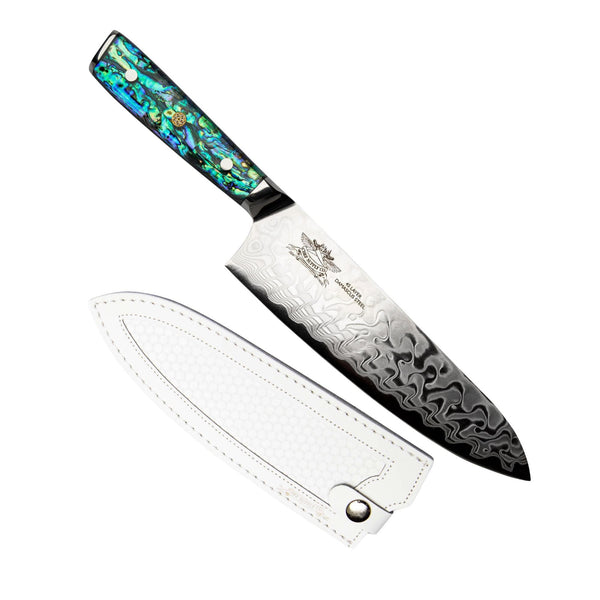 CHEF SUPPLY CO Kitchen Knives Sea Creature Series. 8.25" - 21 cm, 45 Layer AUS-10 Damascus Chef Knife, Resin Handle & White Leather Sheath