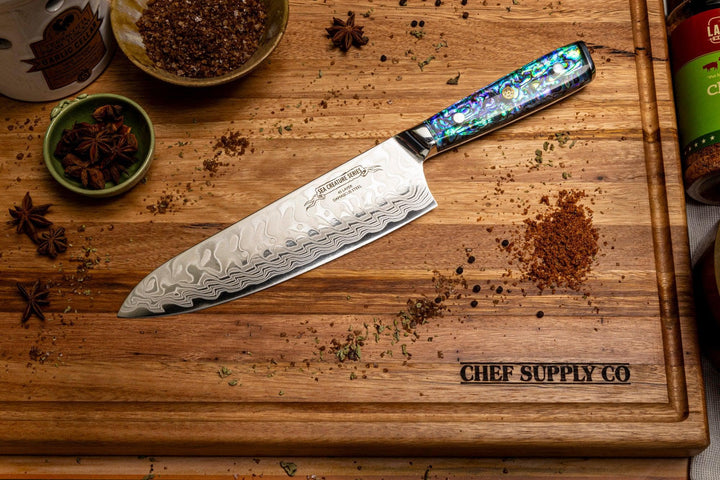 CHEF SUPPLY CO Kitchen Knives Sea Creature Series. 8.25" - 21 cm, 45 Layer AUS-10 Damascus Chef Knife, Resin Handle & White Leather Sheath