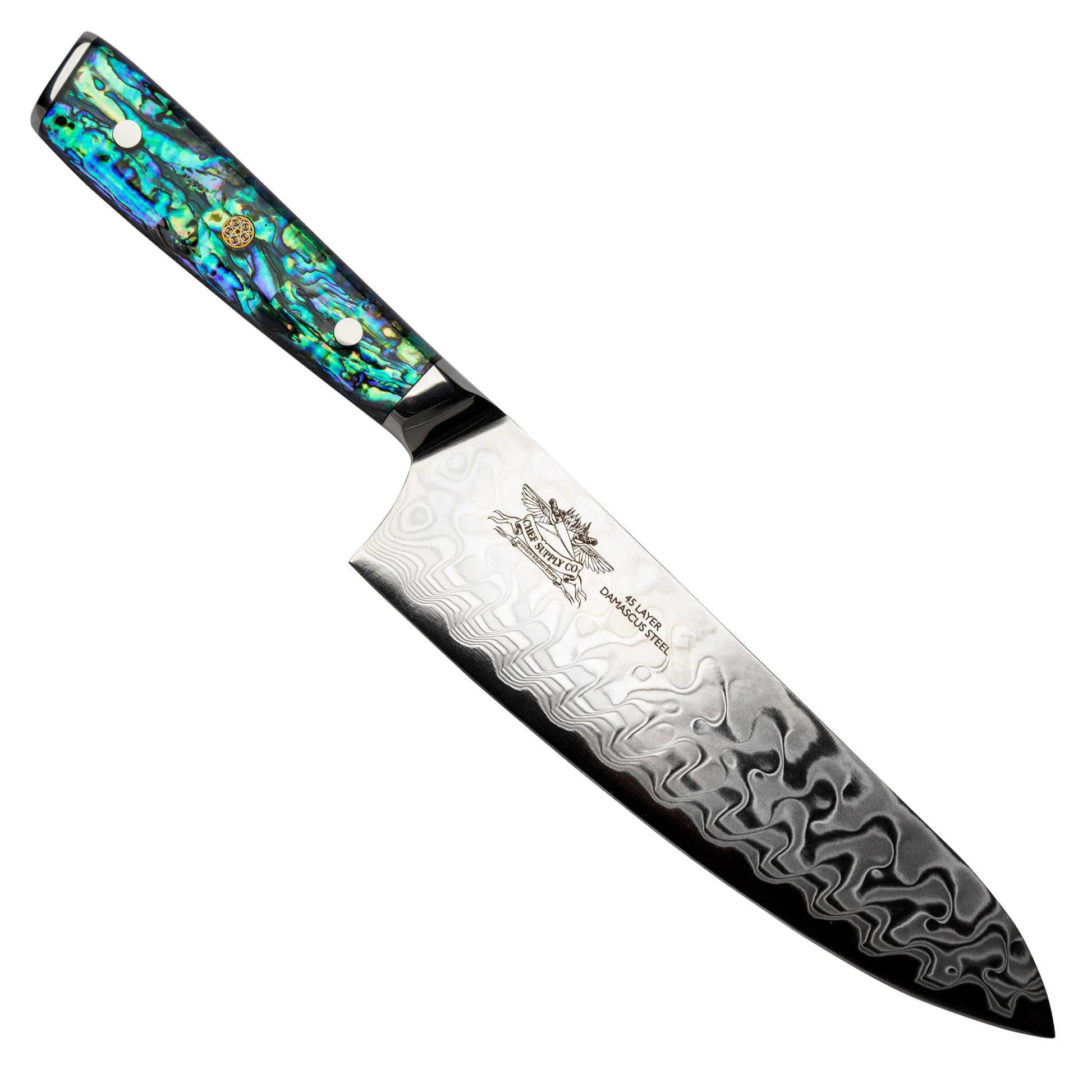 CHEF SUPPLY CO Kitchen Knives Sea Creature Series. 8.25" - 21cm Chef Knife. 45 Layer Damascus, Resin Handle & White Leather Sheath