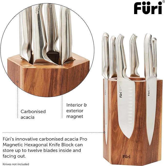 CHEF SUPPLY CO Knife Block Furi Pro | 12-Slot Hexagonal Magnetic Knife Block | Anti Slip Feet | Australian Design | Natural Acacia (Brown)