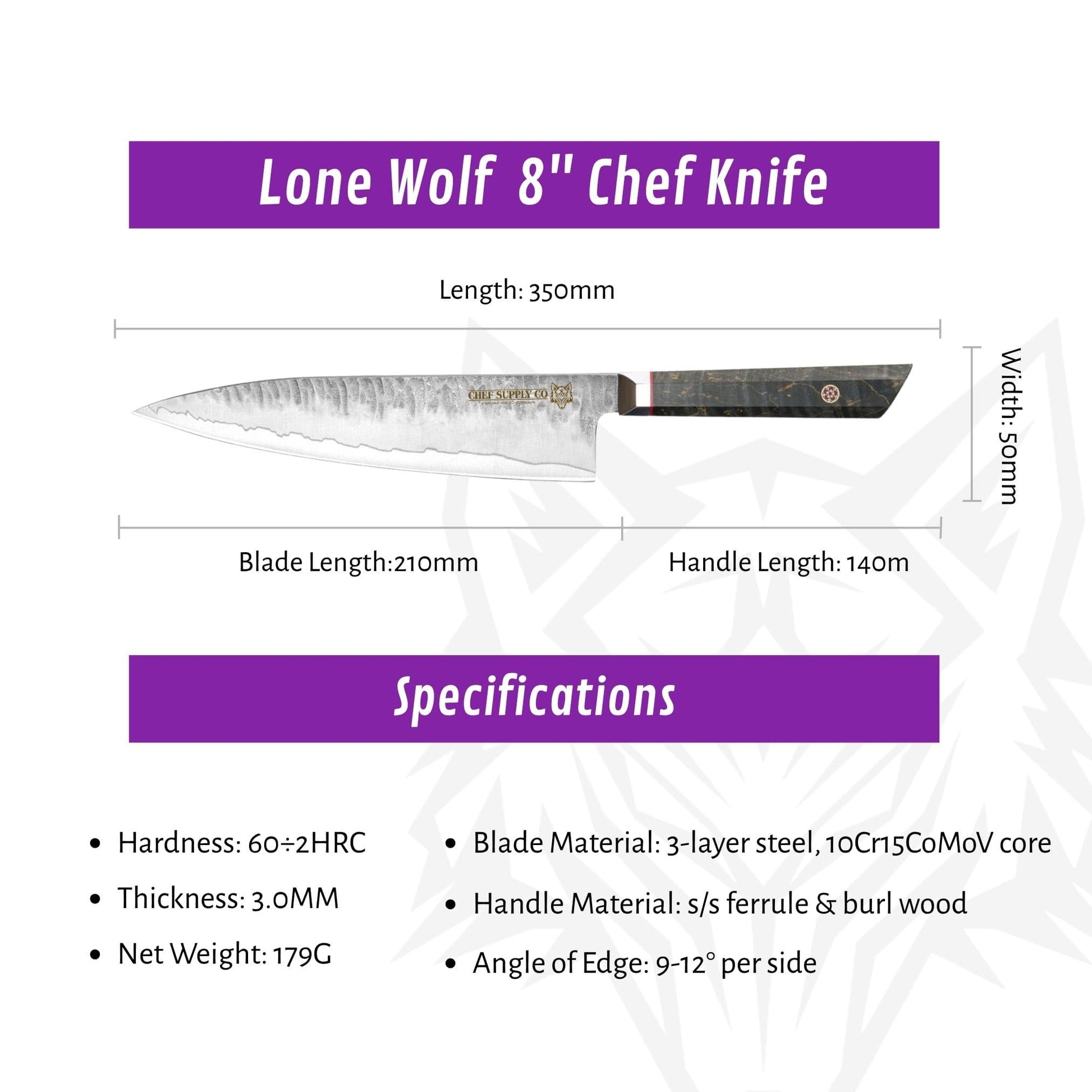 CHEF SUPPLY CO Lone Wolf Series 8" Chef Knife - 3-Layer Steel Core