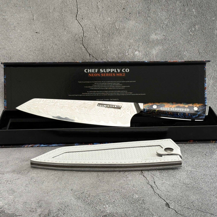 CHEF SUPPLY CO Neon Series MK4 - 21 cm - AUS-10 - 45 Layer Damascus Chef Knife with Leather Sheath