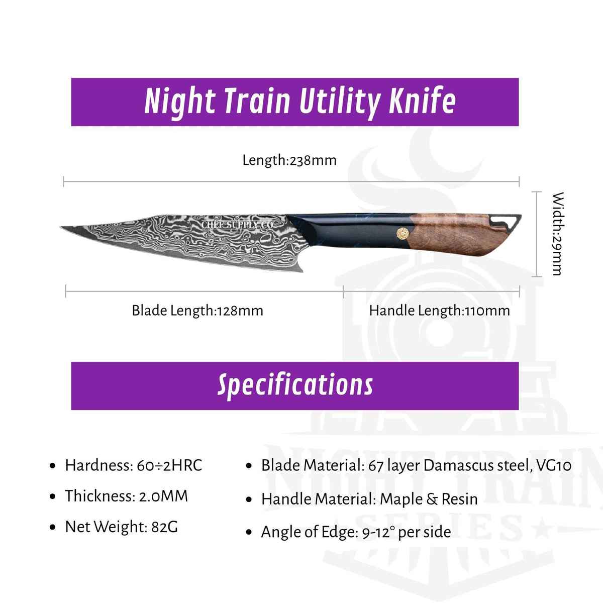 CHEF SUPPLY CO Night Train Series 5” Utility Knife - 67 Layer Damascus VG10 Steel