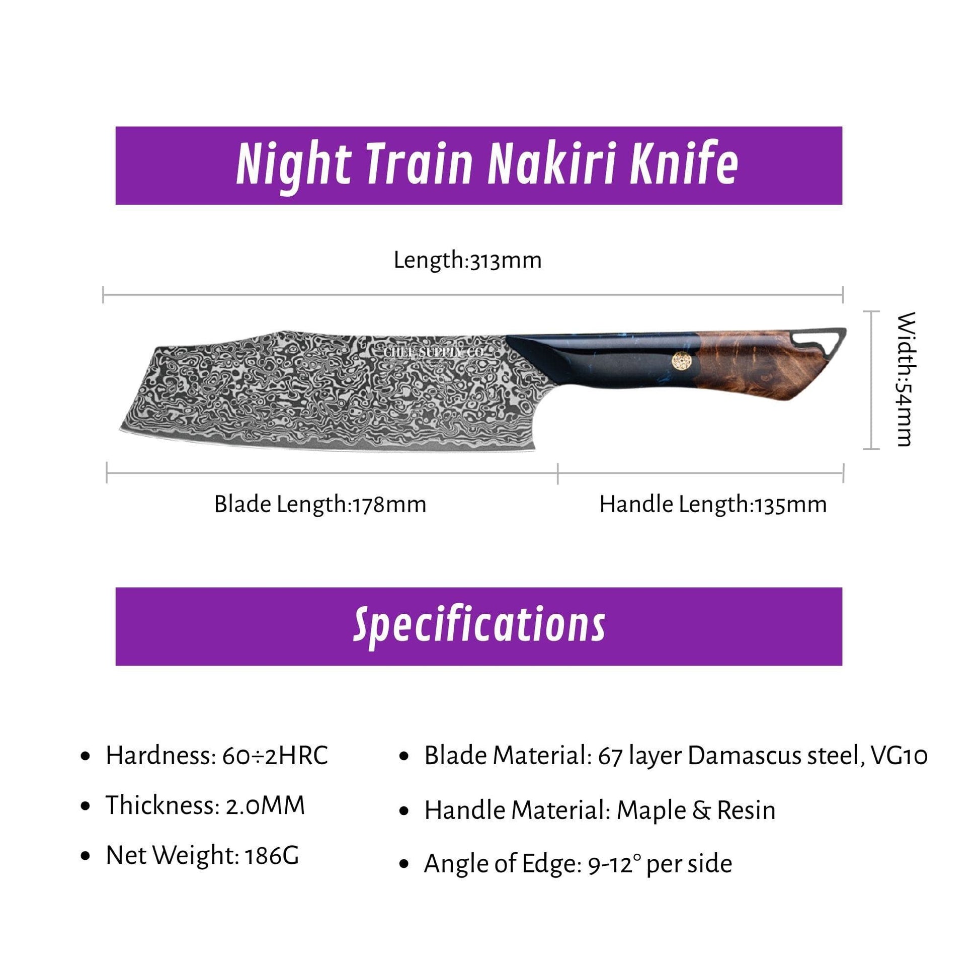 CHEF SUPPLY CO Night Train Series 7” Nakiri Knife - 67 Layer Damascus VG10 Steel