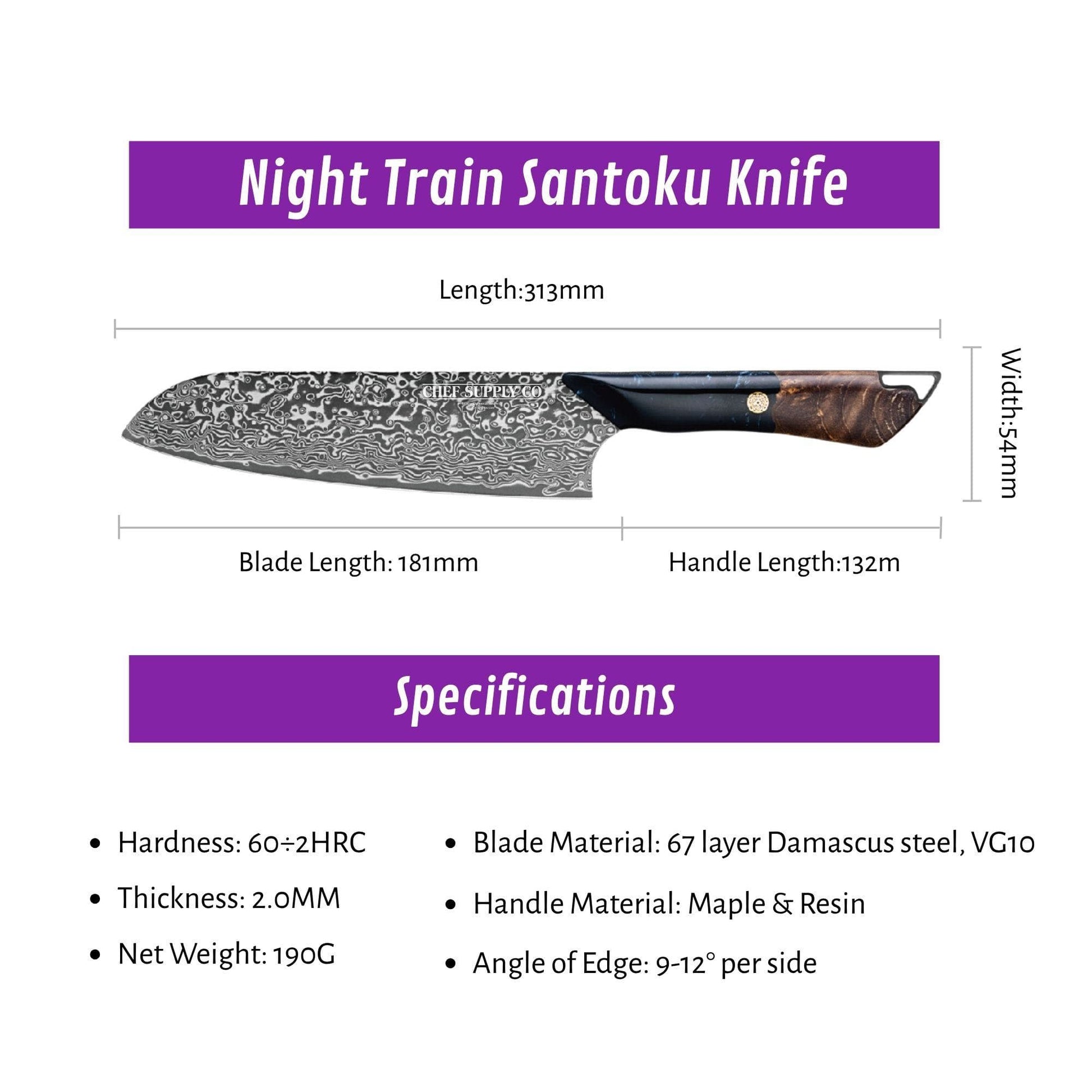 CHEF SUPPLY CO Night Train Series 7” Santoku Knife - 67 Layer Damascus VG10 Steel