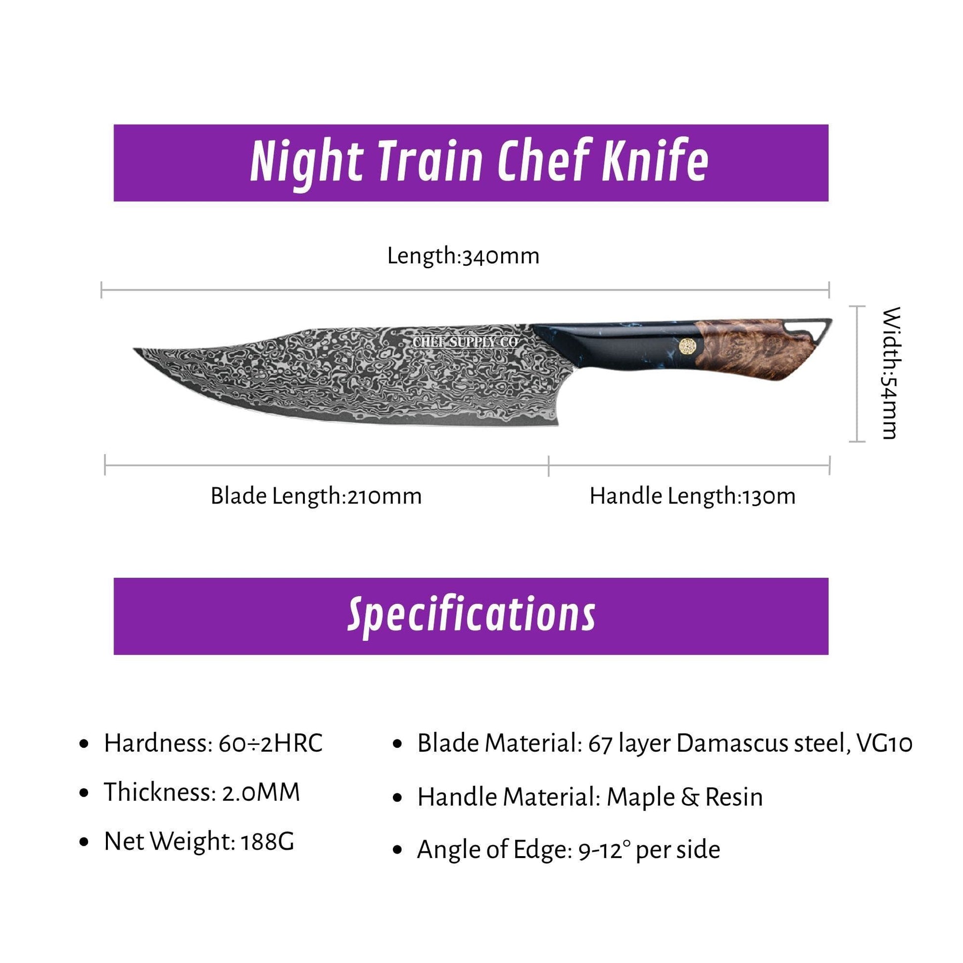 CHEF SUPPLY CO Night Train Series 8” Chef Knife - 67 Layer Damascus VG10 Steel