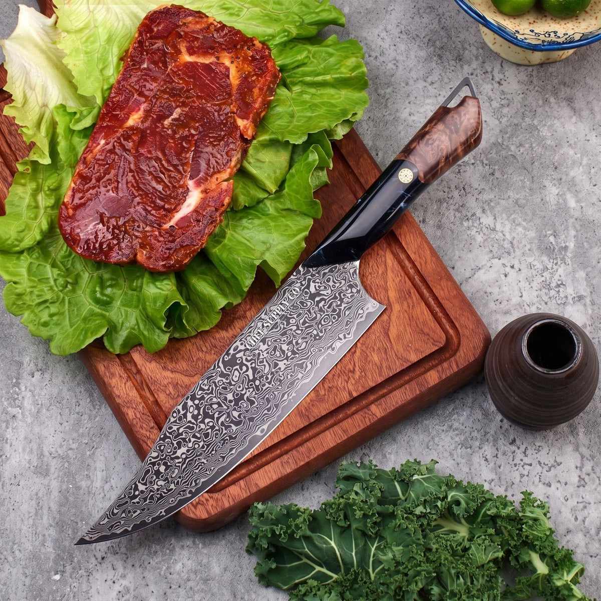 CHEF SUPPLY CO Night Train Series 8” Chef Knife - 67 Layer Damascus VG10 Steel