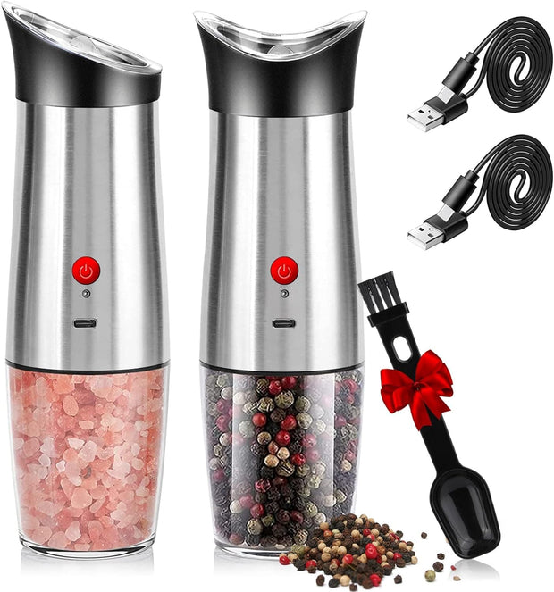 Automatic Salt and Pepper Grinder Set with Rechargeable Base, Grinder Refillable, Adjustable Coarseness and One Hand Operation, 2 Pack SC0GO