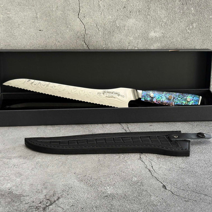 CHEF SUPPLY CO Sea Creature Series. 10" - 25 cm 45 Layer AUS-10 Damascus Bread Knife. Resin Handle