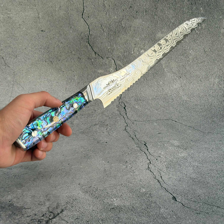 CHEF SUPPLY CO Sea Creature Series. 10" - 25 cm 45 Layer AUS-10 Damascus Bread Knife. Resin Handle