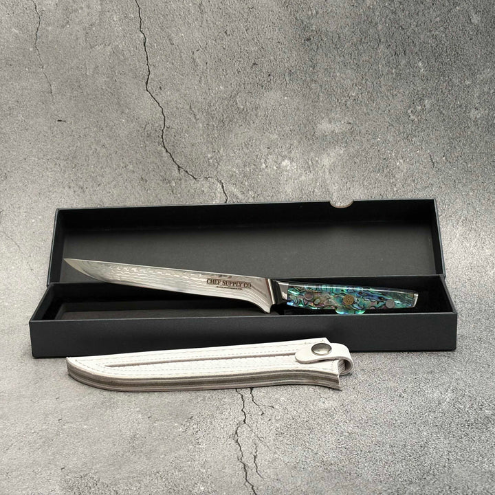 CHEF SUPPLY CO Sea Creature Series Boning & Trimming, Knife. 18 cm - 7 inch 45 Layer AUS-10 Damascus, Resin Handle. (NON FLEXIBLE)