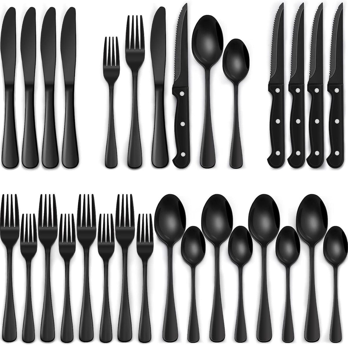 Chef Supply Co Silverware 24-Piece Black Stainless Steel Cutlery Set With Steak Knives