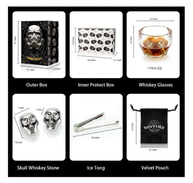 CHEF SUPPLY CO Skull Whisky Glass, Cold Stone & Tongs Gift Set