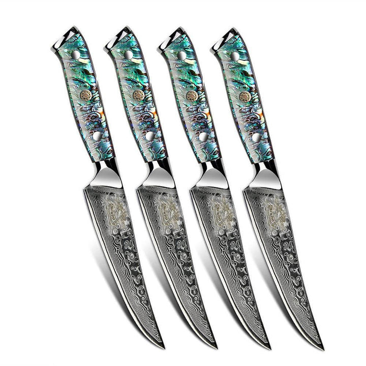 CHEF SUPPLY CO STEAK KNIFE SET Sea Creature Series Damascus Steak Knife Set of 4 - Clear Resin Full Tang Handle