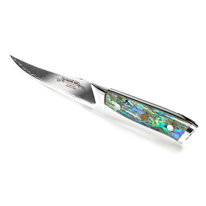 CHEF SUPPLY CO STEAK KNIFE SET Sea Creature Series VG-10 Damascus Steak Knife Set of 4 - Clear Resin Full Tang Handle