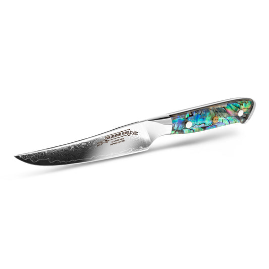 CHEF SUPPLY CO STEAK KNIFE SET Sea Creature Series VG-10 Damascus Steak Knife Set of 4 - Clear Resin Full Tang Handle