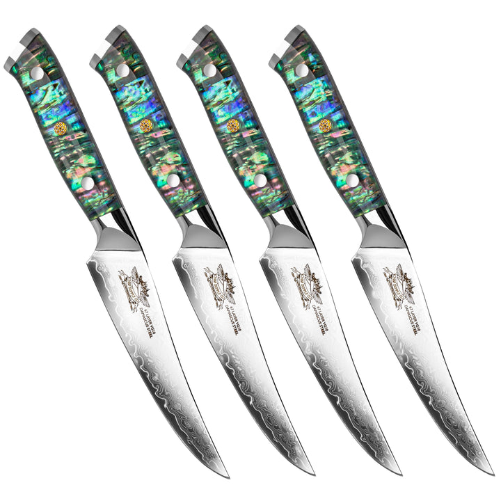 CHEF SUPPLY CO STEAK KNIFE SET Sea Creature Series VG-10 Damascus Steak Knife Set of 4 - Clear Resin Full Tang Handle