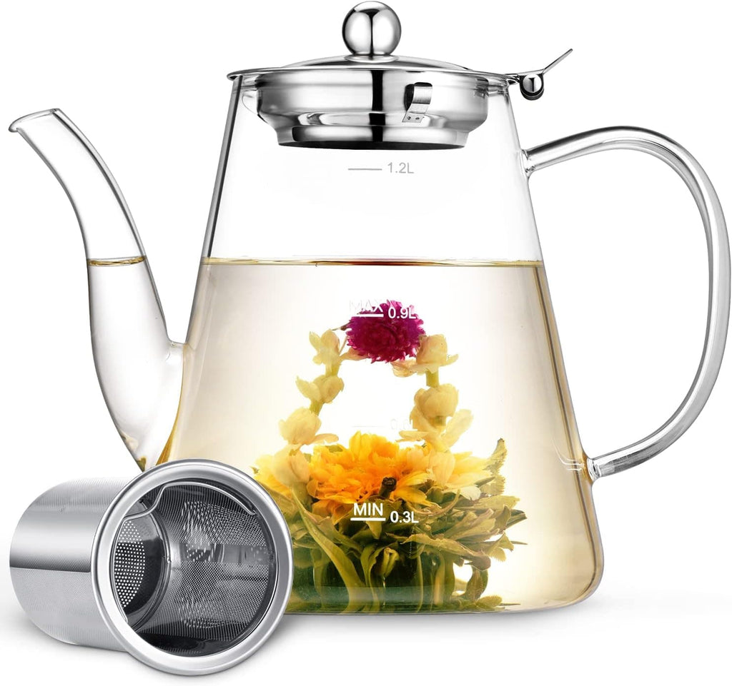 PARACITY Glass Teapot Stovetop 40 OZ/1200ml, Borosilicate Clear Tea Kettle  with Removable 18/8 Stainless Steel Infuser, Teapot Blooming and Loose Leaf