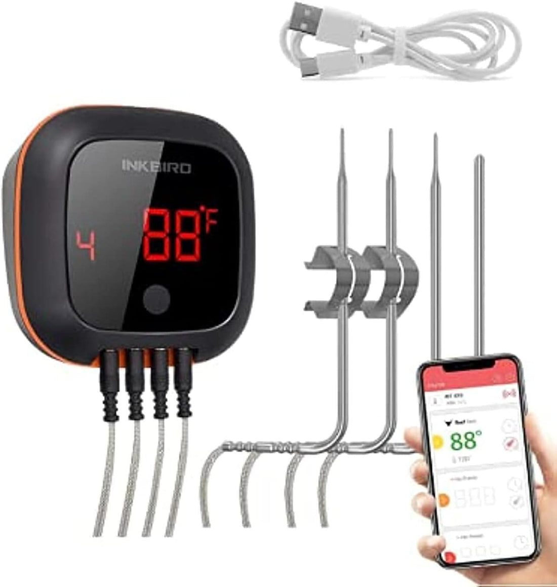 CHEF SUPPLY CO Thermometers Bluetooth Meat Thermometer with 4 Probes, Rechargeable, with Remote Control & Alarm for iOS or Android