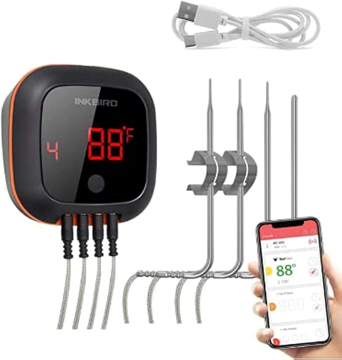 CHEF SUPPLY CO Thermometers Bluetooth Meat Thermometer with 4 Probes, Rechargeable, with Remote Control & Alarm for iOS or Android