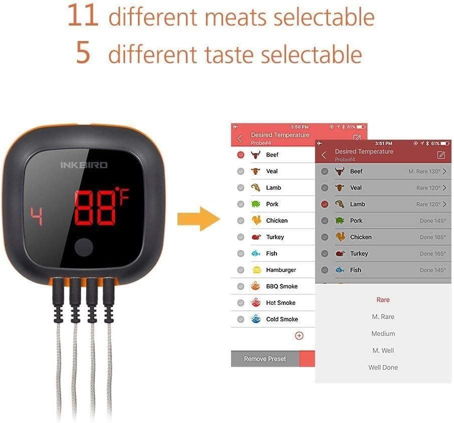 CHEF SUPPLY CO Thermometers Bluetooth Meat Thermometer with 4 Probes, Rechargeable, with Remote Control & Alarm for iOS or Android
