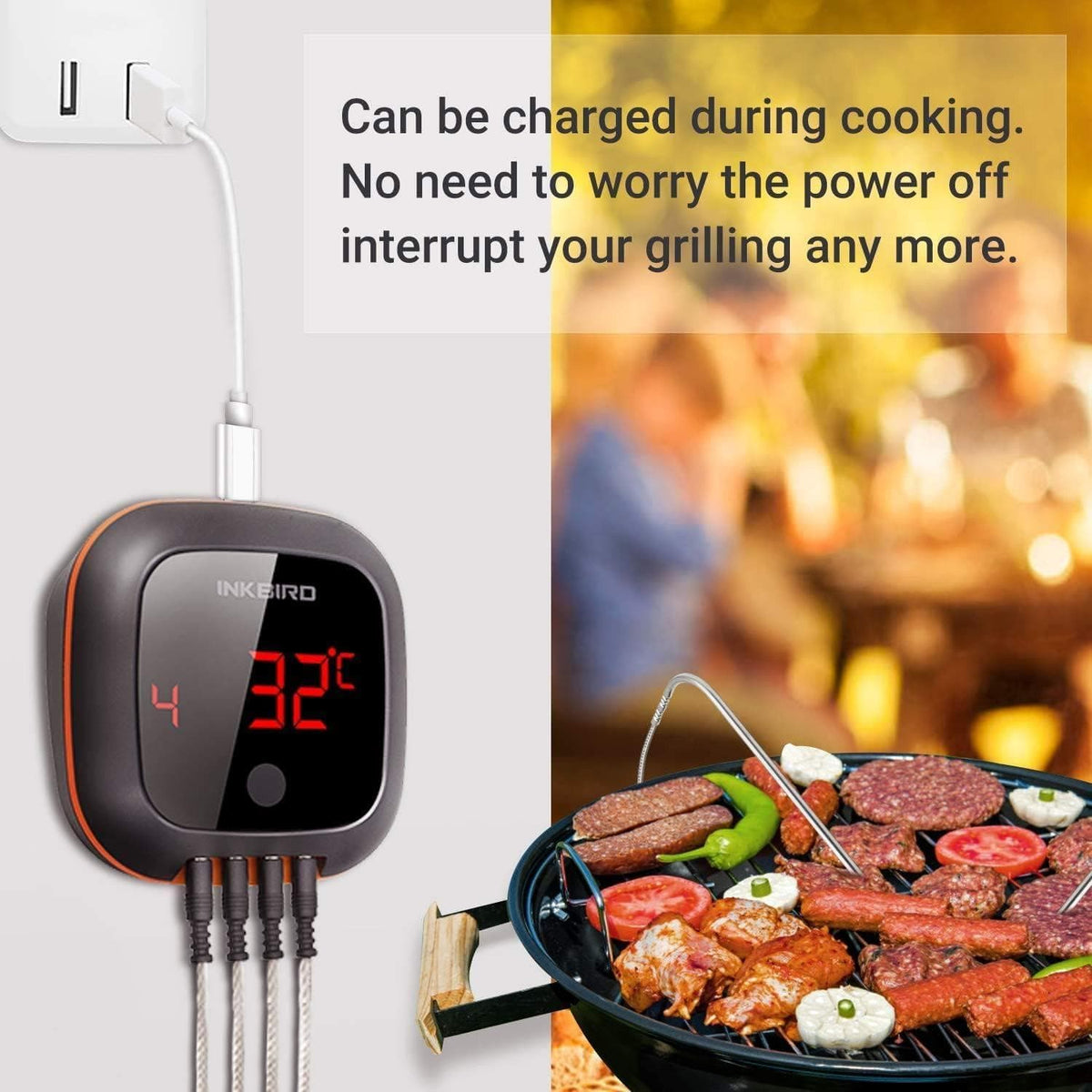 CHEF SUPPLY CO Thermometers Bluetooth Meat Thermometer with 4 Probes, Rechargeable, with Remote Control & Alarm for iOS or Android