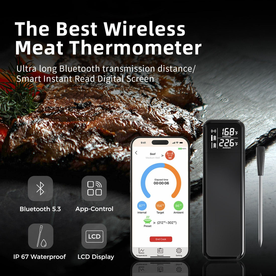 CHEF SUPPLY CO Wireless Meat Thermometer - 820ft Long Range Bluetooth
