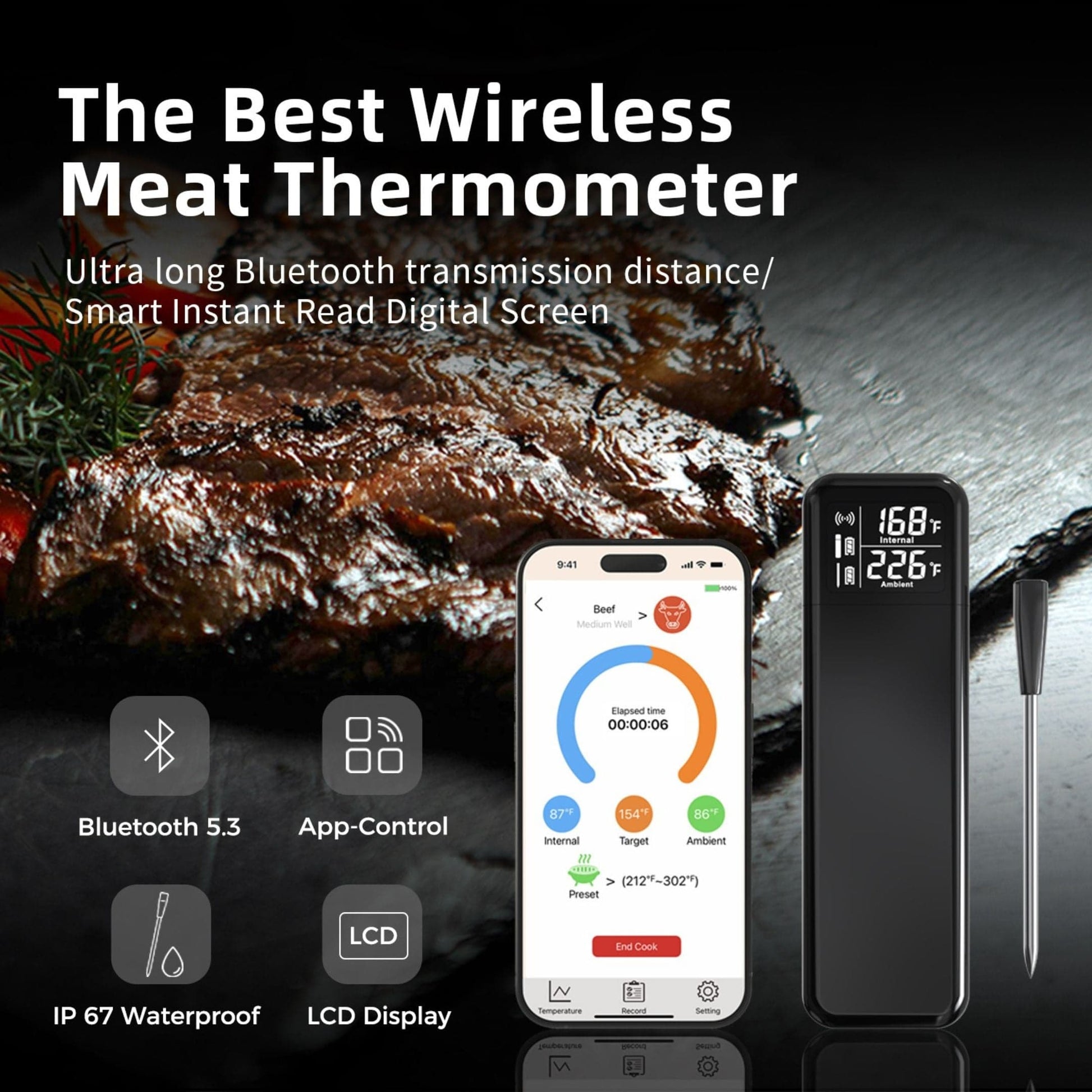 CHEF SUPPLY CO Wireless Meat Thermometer - 820ft Long Range Bluetooth