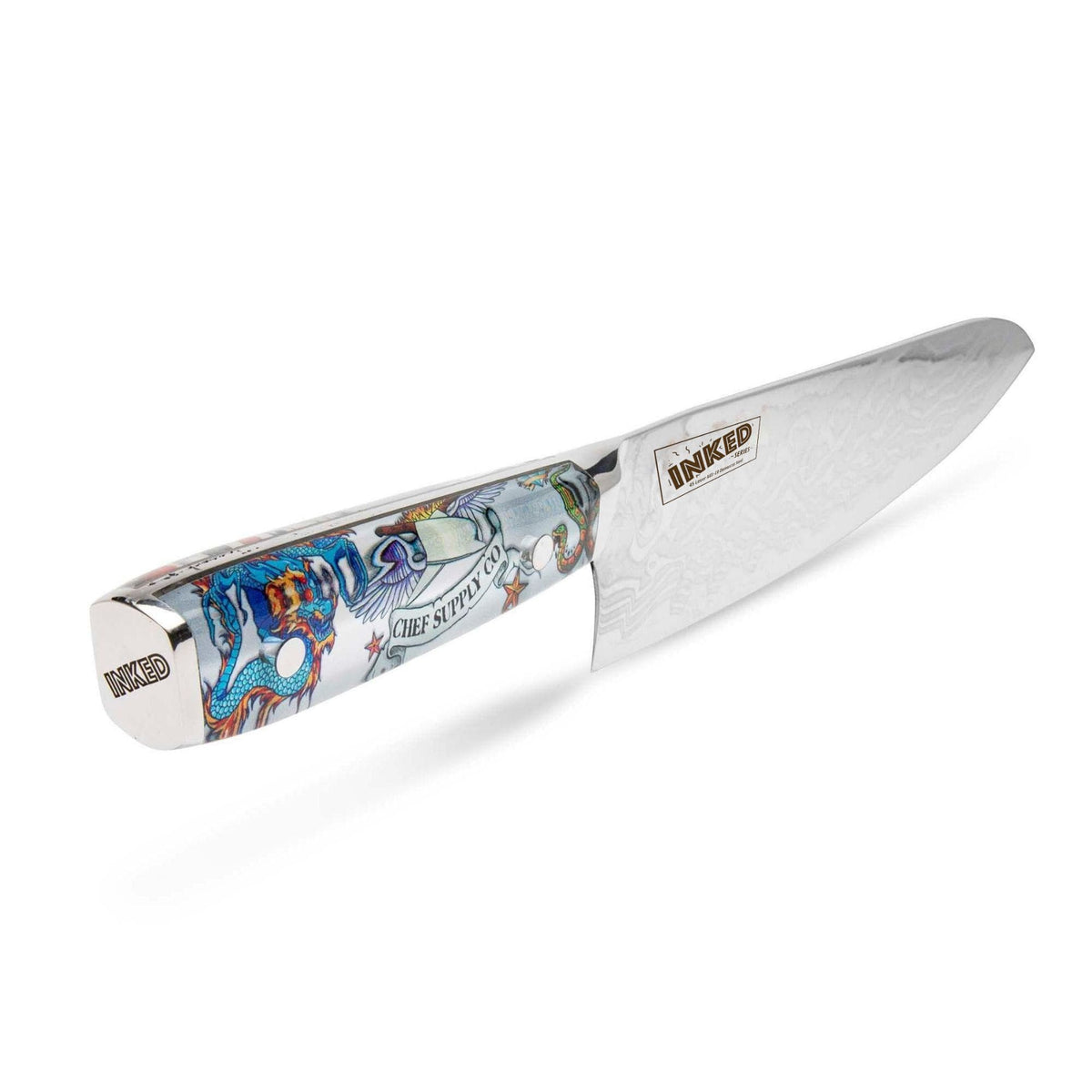 CSC BRANDED Inked Series 21cm / 8.25” AUS-10 Damascus Chef Knife with White Leather Sheath