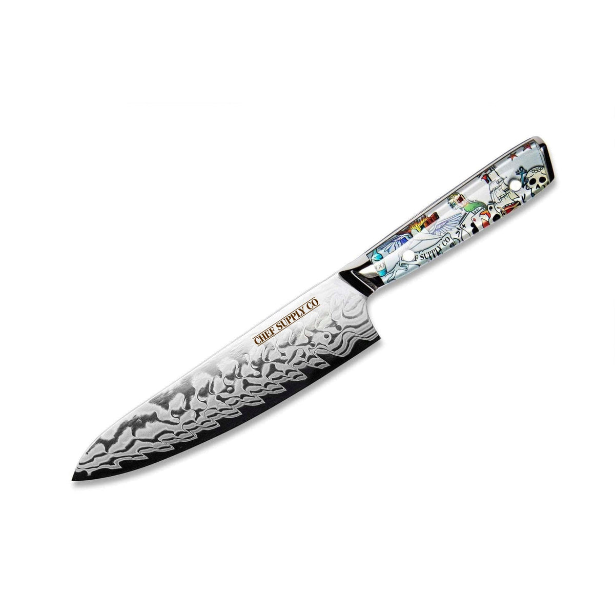CSC BRANDED Inked Series 21cm / 8.25” AUS-10 Damascus Chef Knife with White Leather Sheath