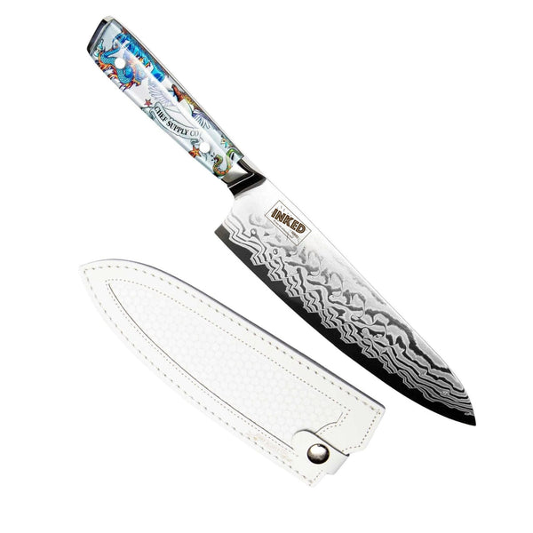 CSC BRANDED Inked Series 21cm / 8.25” AUS-10 Damascus Chef Knife with White Leather Sheath