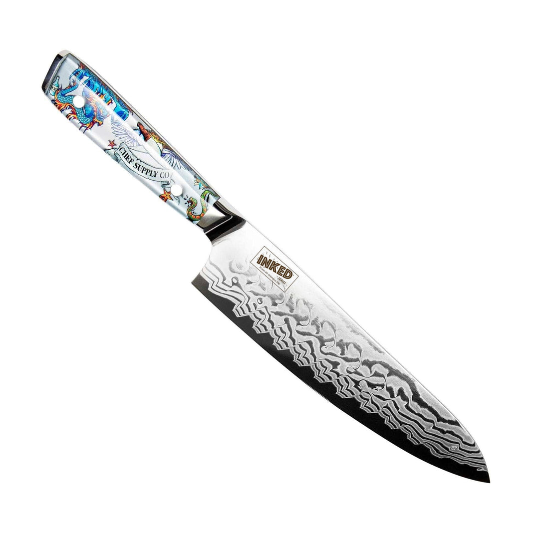 CSC BRANDED Inked Series 21cm / 8.25” AUS-10 Damascus Chef Knife with White Leather Sheath