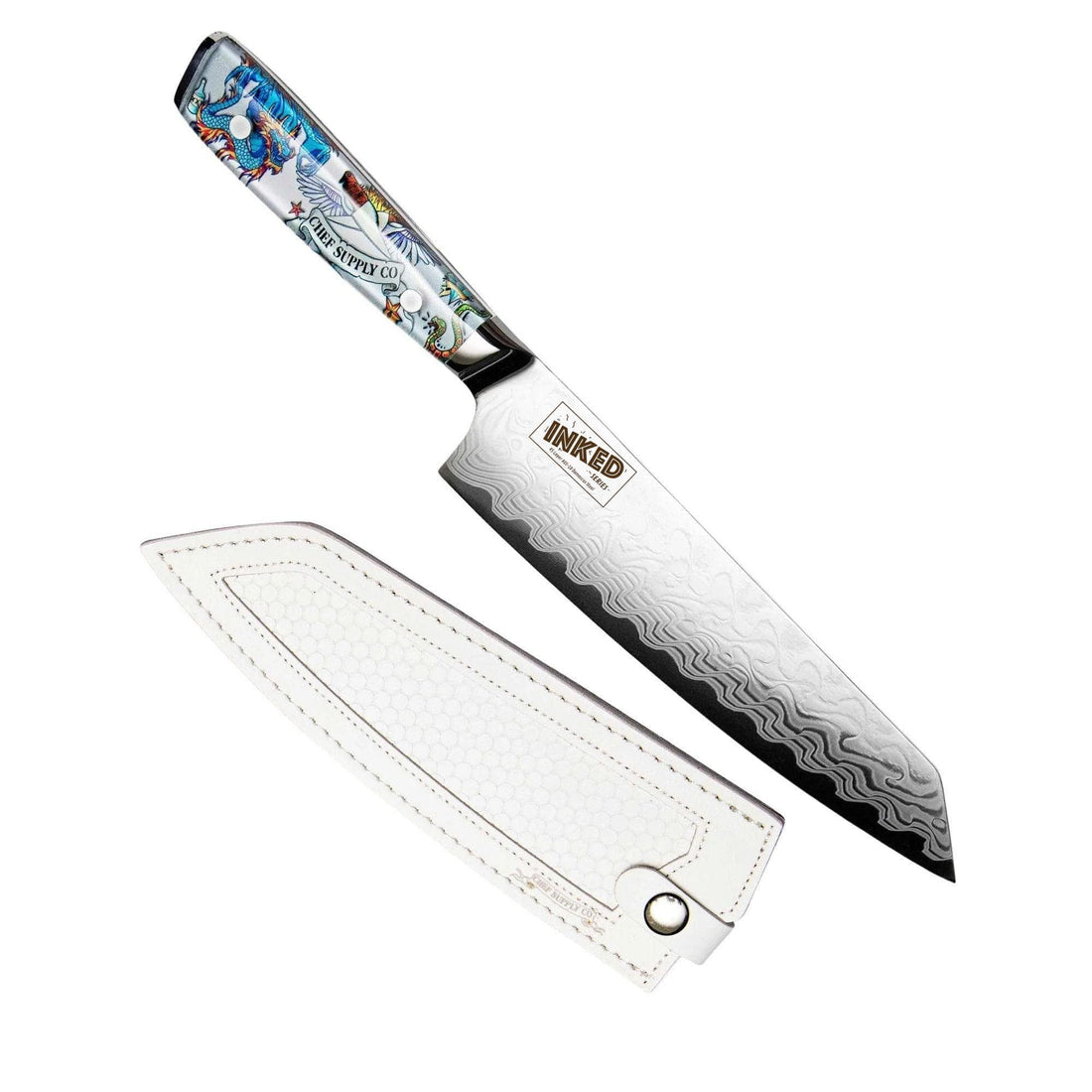 CSC BRANDED Kitchen Knives Inked Series 21cm / 8.25” AUS-10 Damascus Kiritsuke Chef Knife with White Leather Sheath