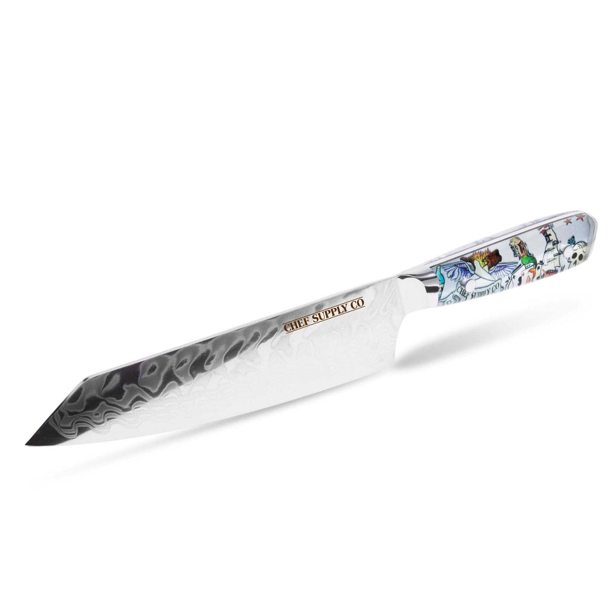 CSC BRANDED Kitchen Knives Inked Series 21cm / 8.25” AUS-10 Damascus Kiritsuke Chef Knife with White Leather Sheath