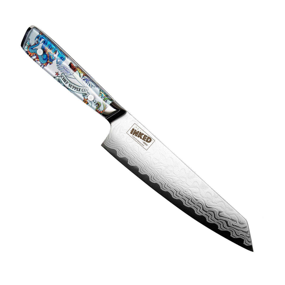 CSC BRANDED Kitchen Knives Inked Series 21cm / 8.25” AUS-10 Damascus Kiritsuke Chef Knife with White Leather Sheath