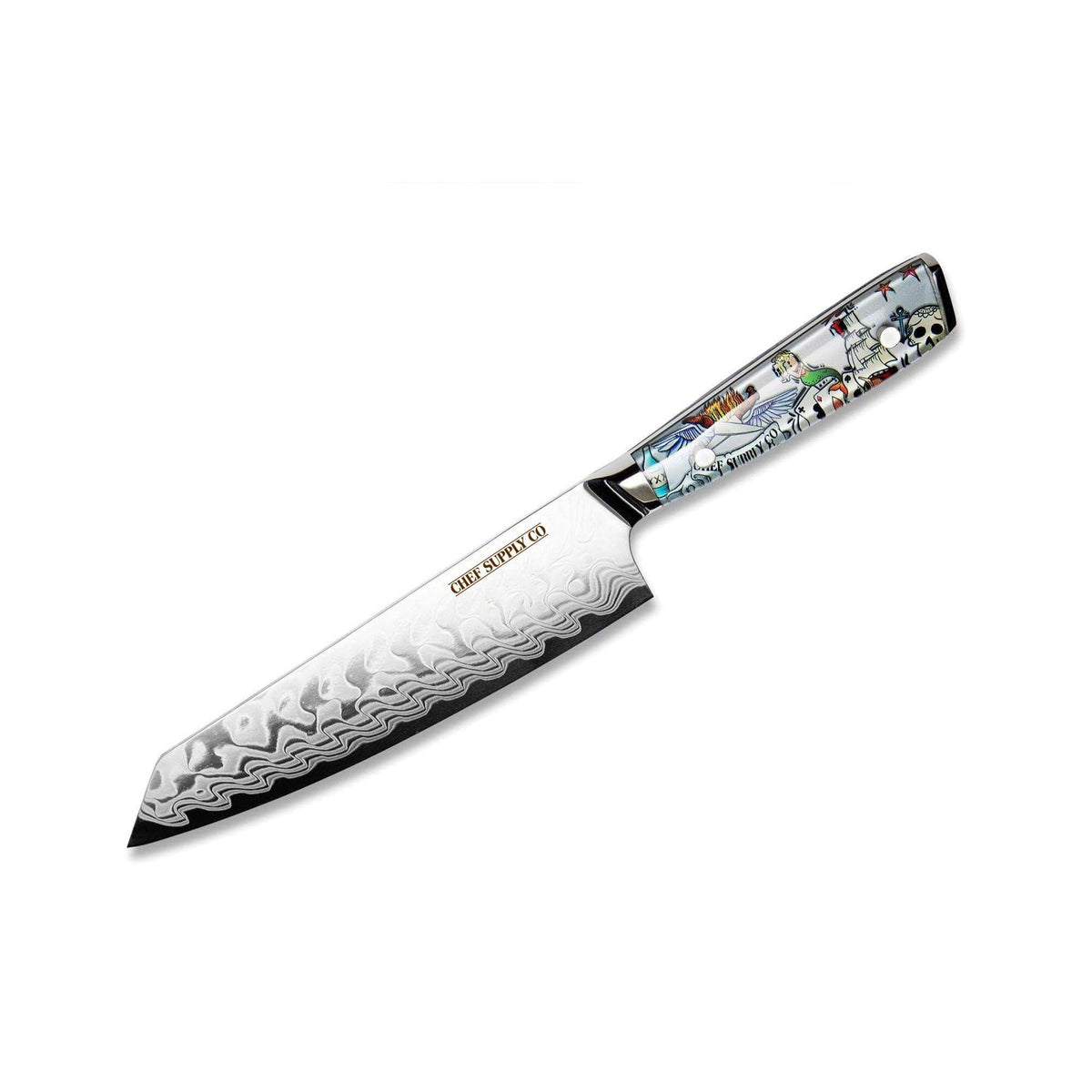 CSC BRANDED Kitchen Knives Inked Series 21cm / 8.25” AUS-10 Damascus Kiritsuke Chef Knife with White Leather Sheath