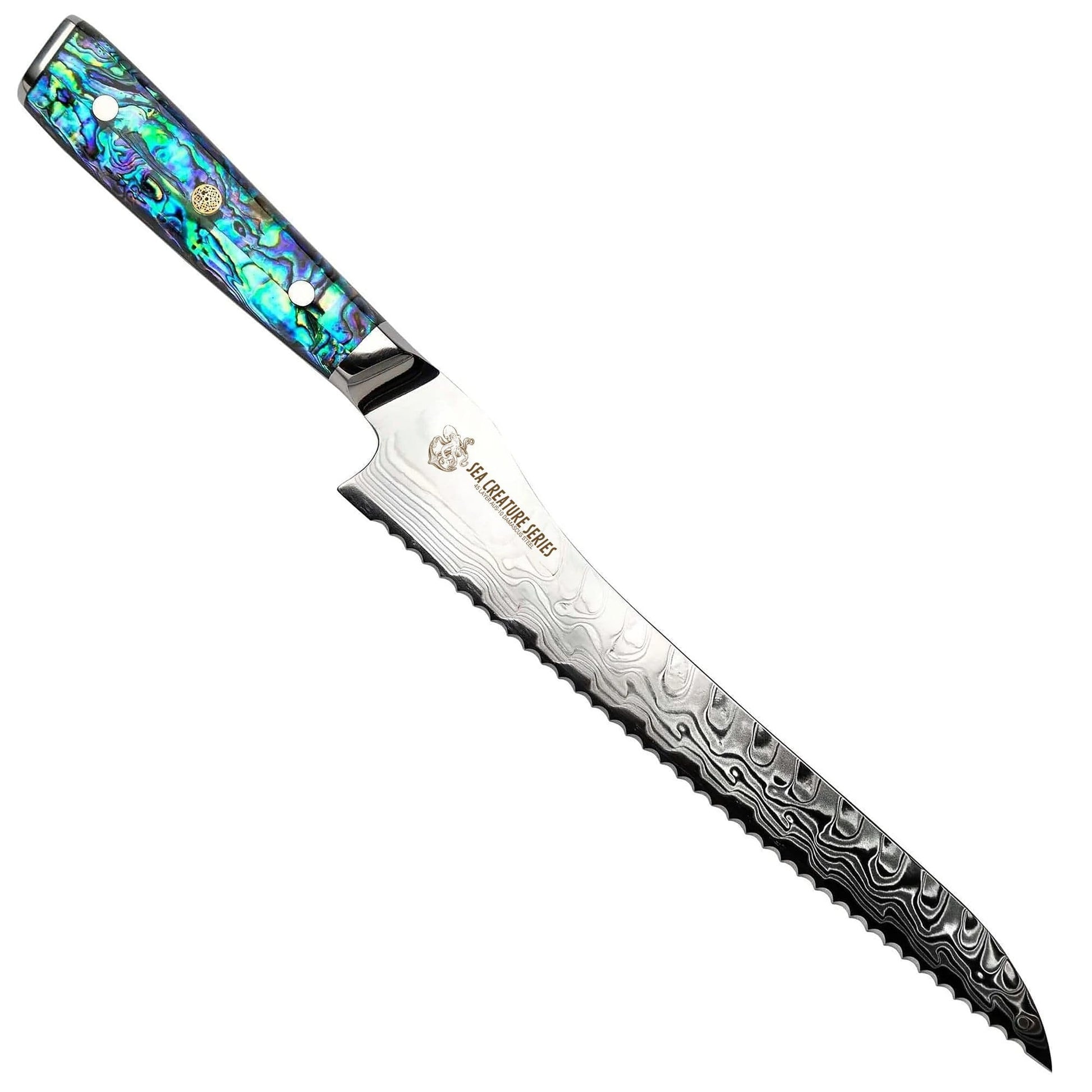 CSC BRANDED Kitchen Knives Sea Creature Series.  10" - 25 cm 45 Layer AUS-10 Damascus Bread Knife. Resin Handle