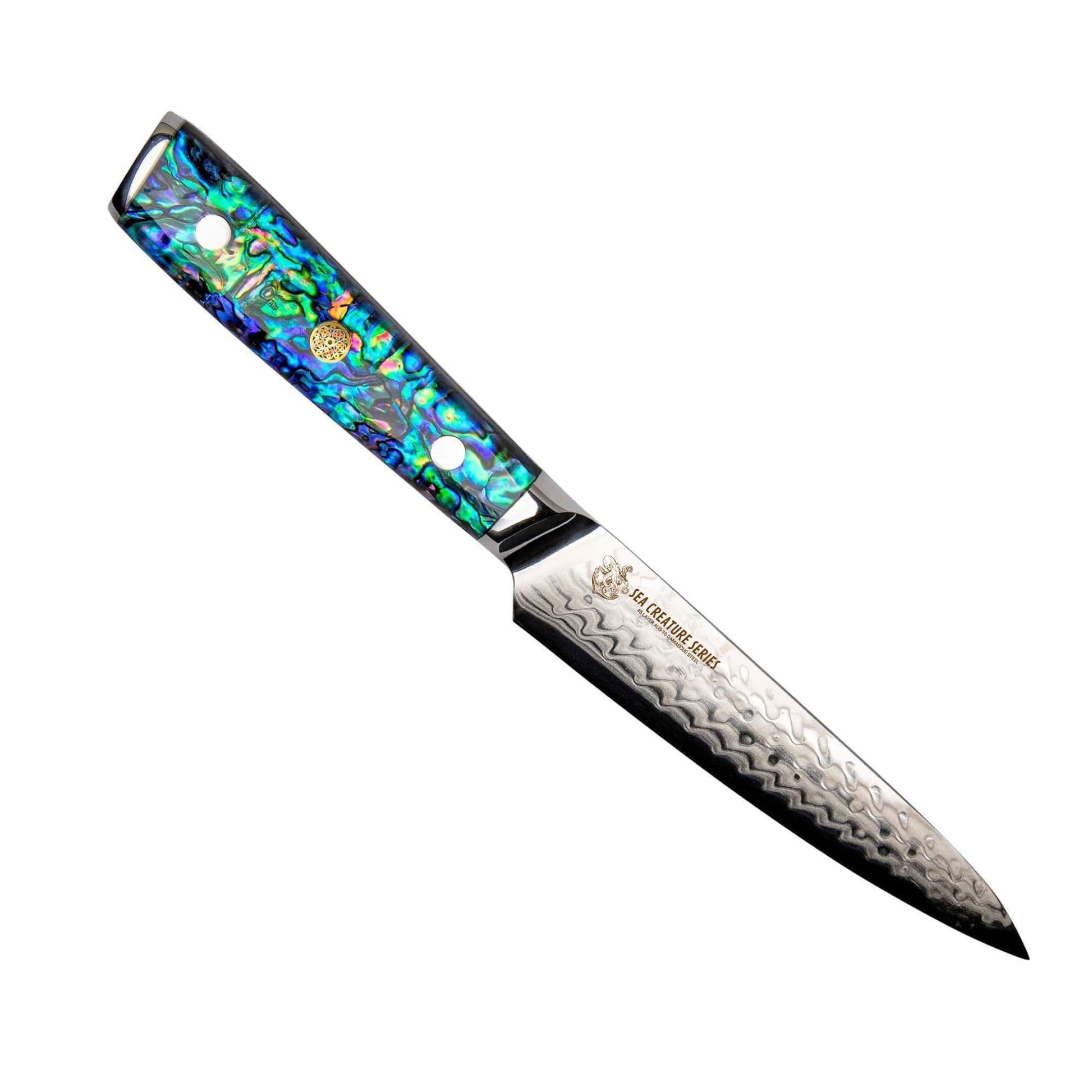 CSC BRANDED Kitchen Knives Sea Creature Series 15 cm - 6 inch Utility Knife. 45 Layer AUS-10 Damascus, Resin Handle & Sheath