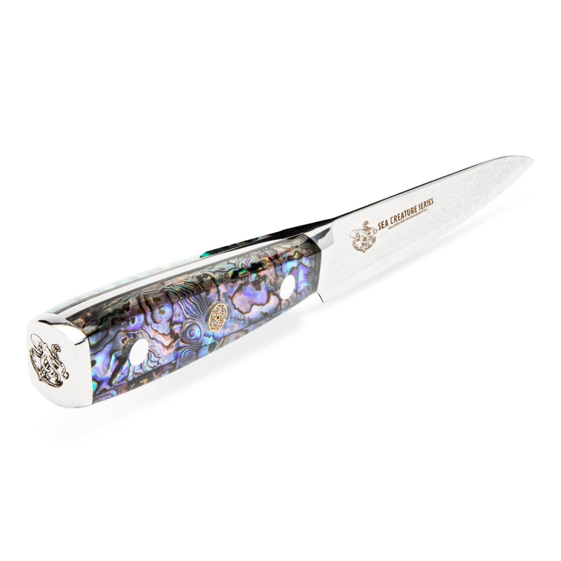 CSC BRANDED Kitchen Knives Sea Creature Series 15 cm - 6 inch Utility Knife. 45 Layer AUS-10 Damascus, Resin Handle & Sheath