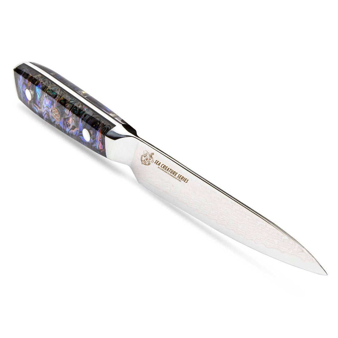 CSC BRANDED Kitchen Knives Sea Creature Series 15 cm - 6 inch Utility Knife. 45 Layer AUS-10 Damascus, Resin Handle & Sheath