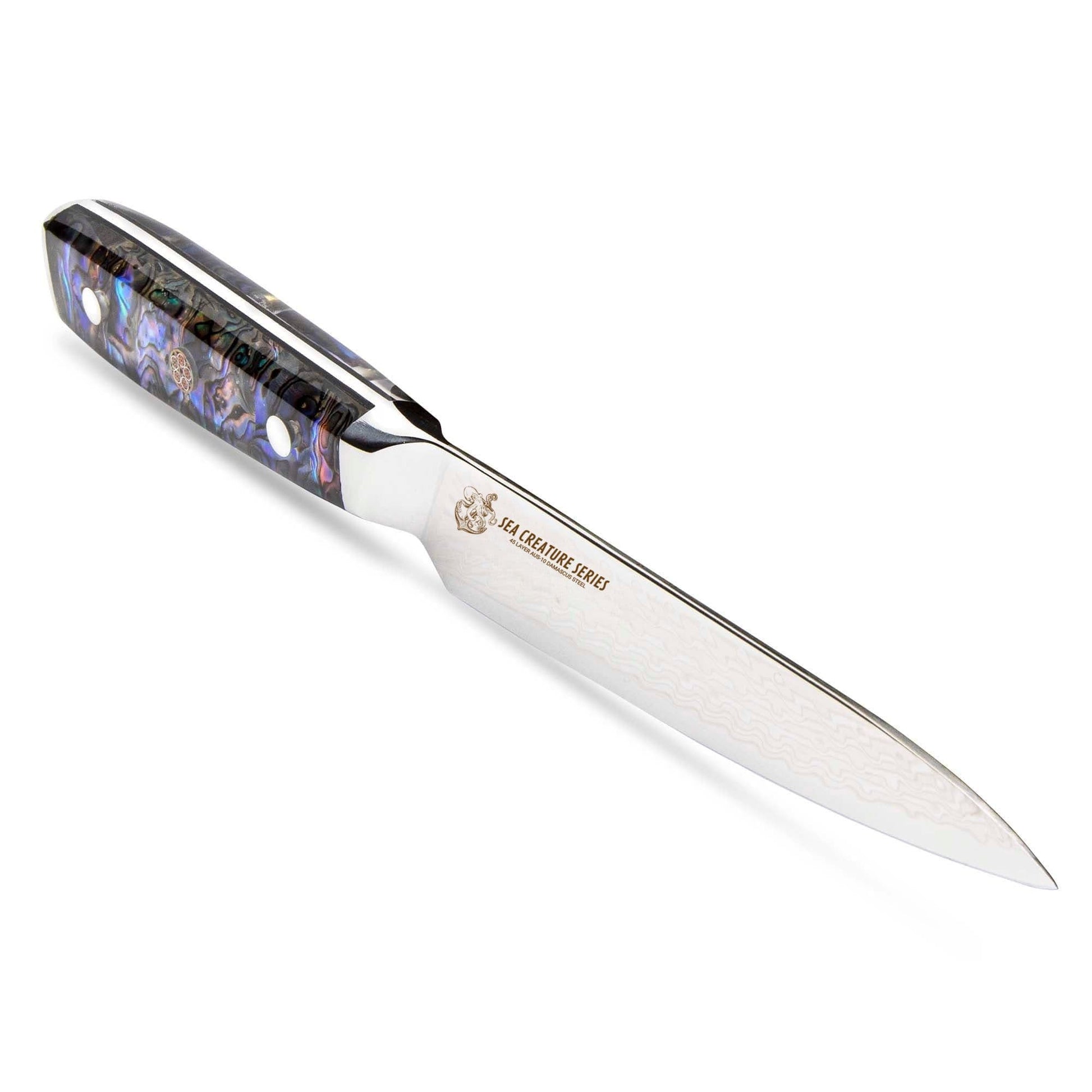 CSC BRANDED Kitchen Knives Sea Creature Series 15 cm - 6 inch Utility Knife. 45 Layer AUS-10 Damascus, Resin Handle & Sheath