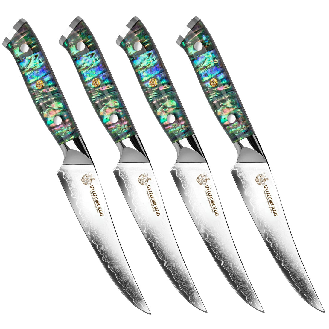 CSC BRANDED STEAK KNIFE SET Sea Creature Series VG-10 Damascus Steak Knife Set of 4 - Clear Resin Full Tang Handle