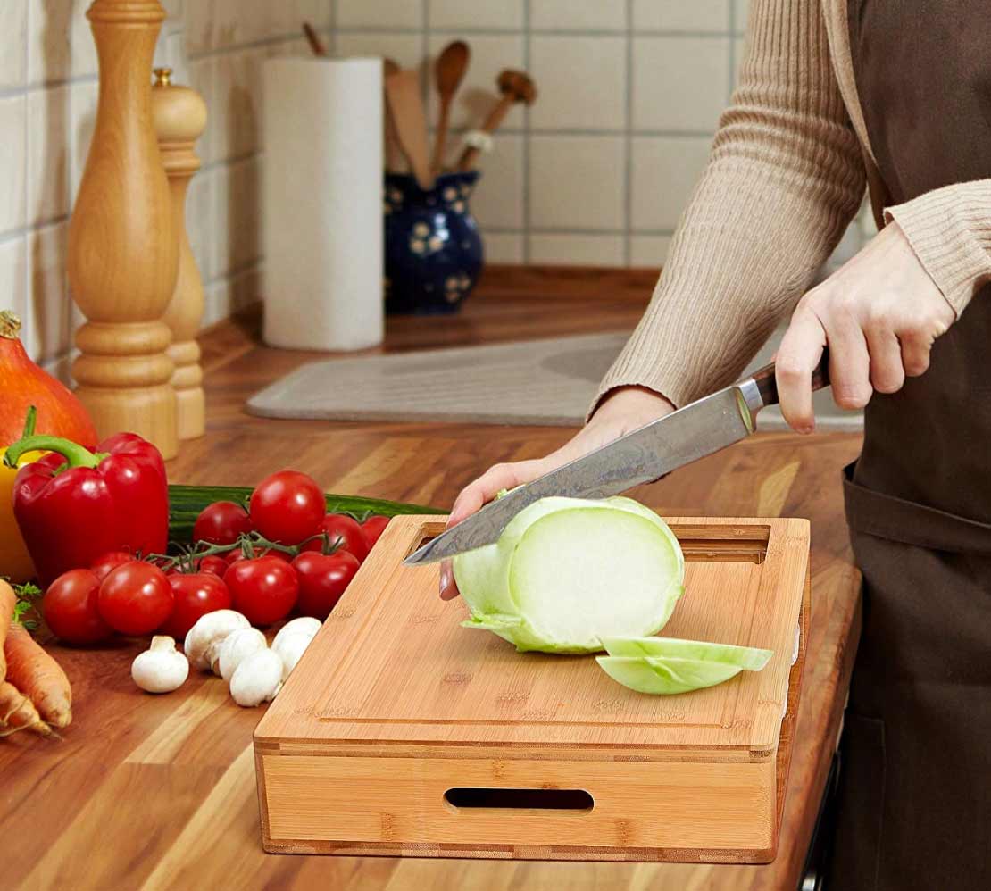 CHEF SUPPLY CO Chopping Board Large Bamboo Cutting Board, 4 Containers, Mobile Holder & Juice Grooves