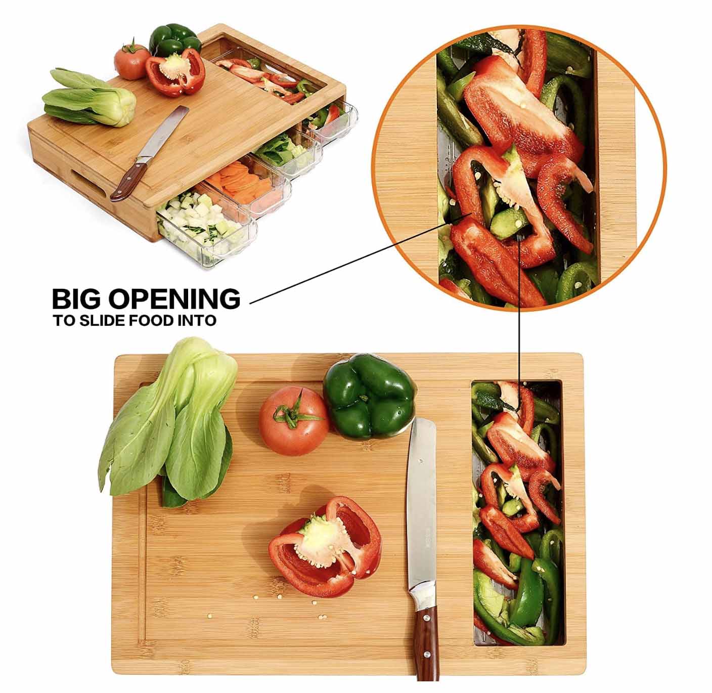 CHEF SUPPLY CO Chopping Board Large Bamboo Cutting Board, 4 Containers, Mobile Holder & Juice Grooves